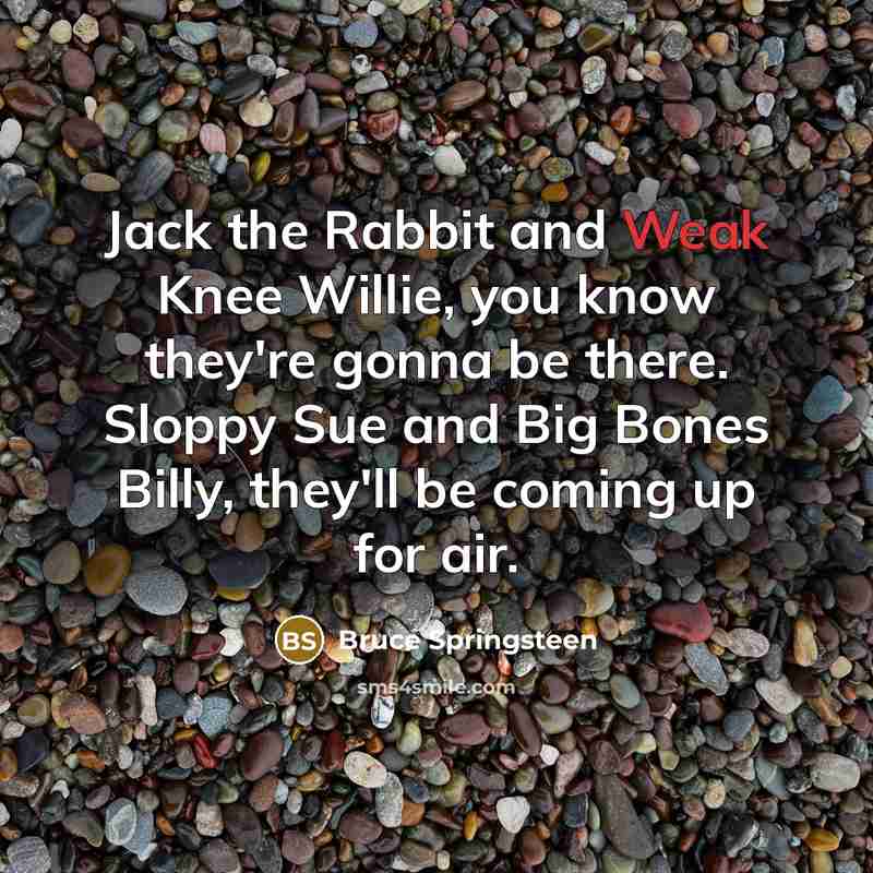 “Jack the Rabbit and Weak Knee Willie, you know they're gonna be there. Sloppy Sue and Big Bones Billy, they'll be coming up for air.” quote by Bruce Springsteen
