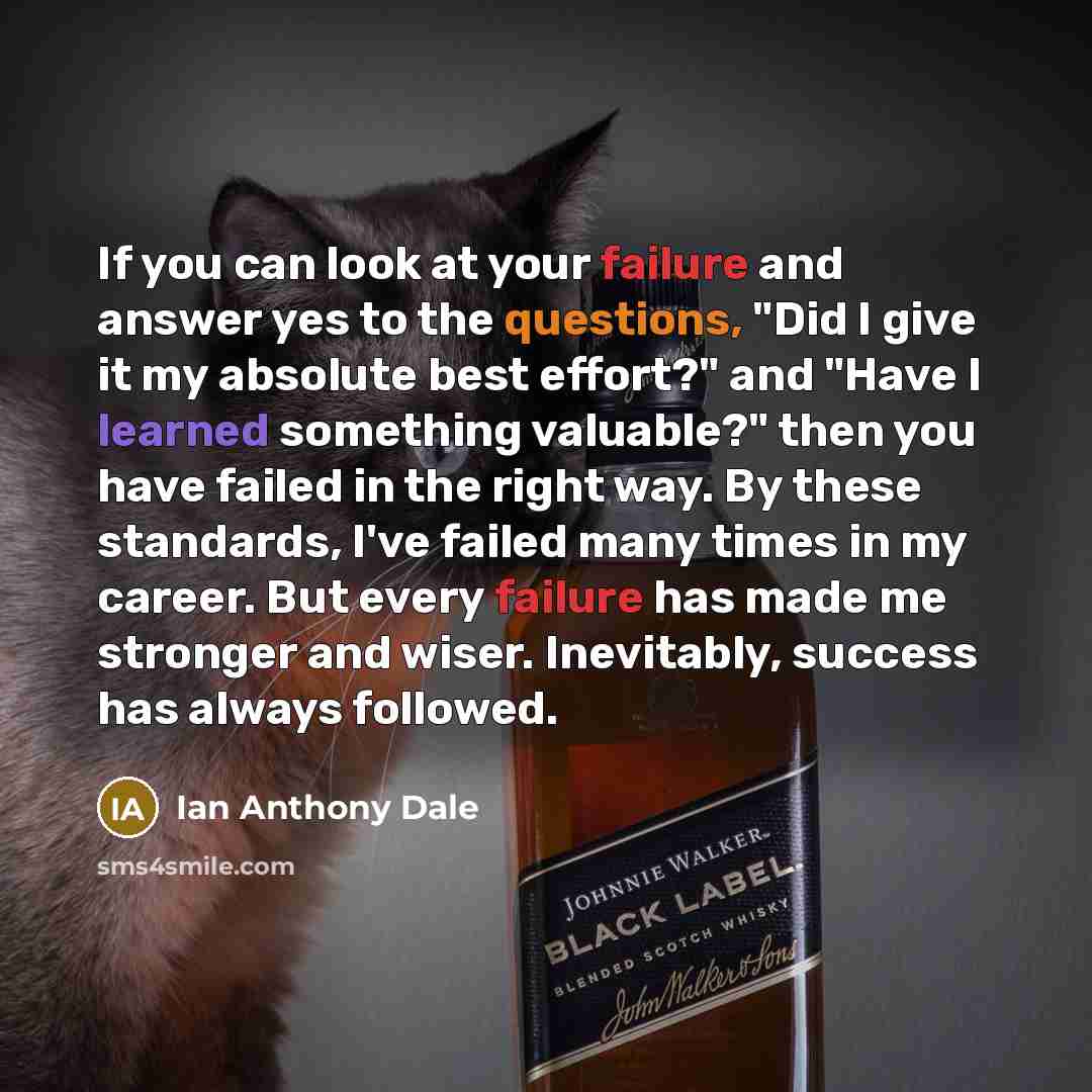 “If you can look at your failure and answer yes to the questions, "Did I give it my absolute best effort?" and "Have I learned something valuable?" then you have failed in the right way. By these standards, I've failed many times in my career. But every failure has made me stronger and wiser…” quote by Ian Anthony Dale