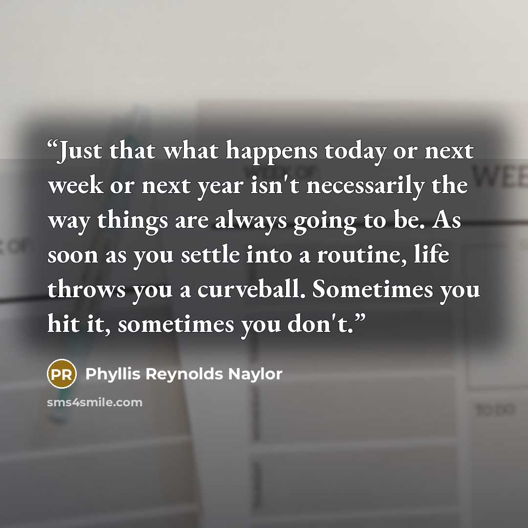 “Just that what happens today or next week or next year isn't necessarily the way things are always going to be. As soon as you settle into a routine, life throws you a curveball. Sometimes you hit it, sometimes you don't.” quote by Phyllis Reynolds Naylor