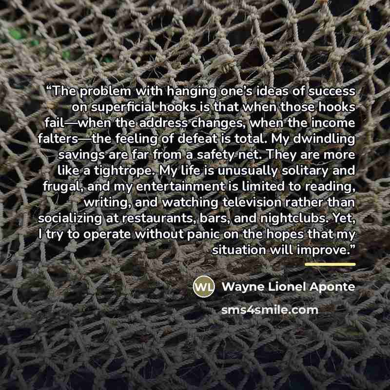 “The problem with hanging one’s ideas of success on superficial hooks is that when those hooks fail—when the address changes, when the income falters—the feeling of defeat is total. My dwindling savings are far from a safety net. They are more like a tightrope. My life is unusually solitary and…” quote by Wayne Lionel Aponte