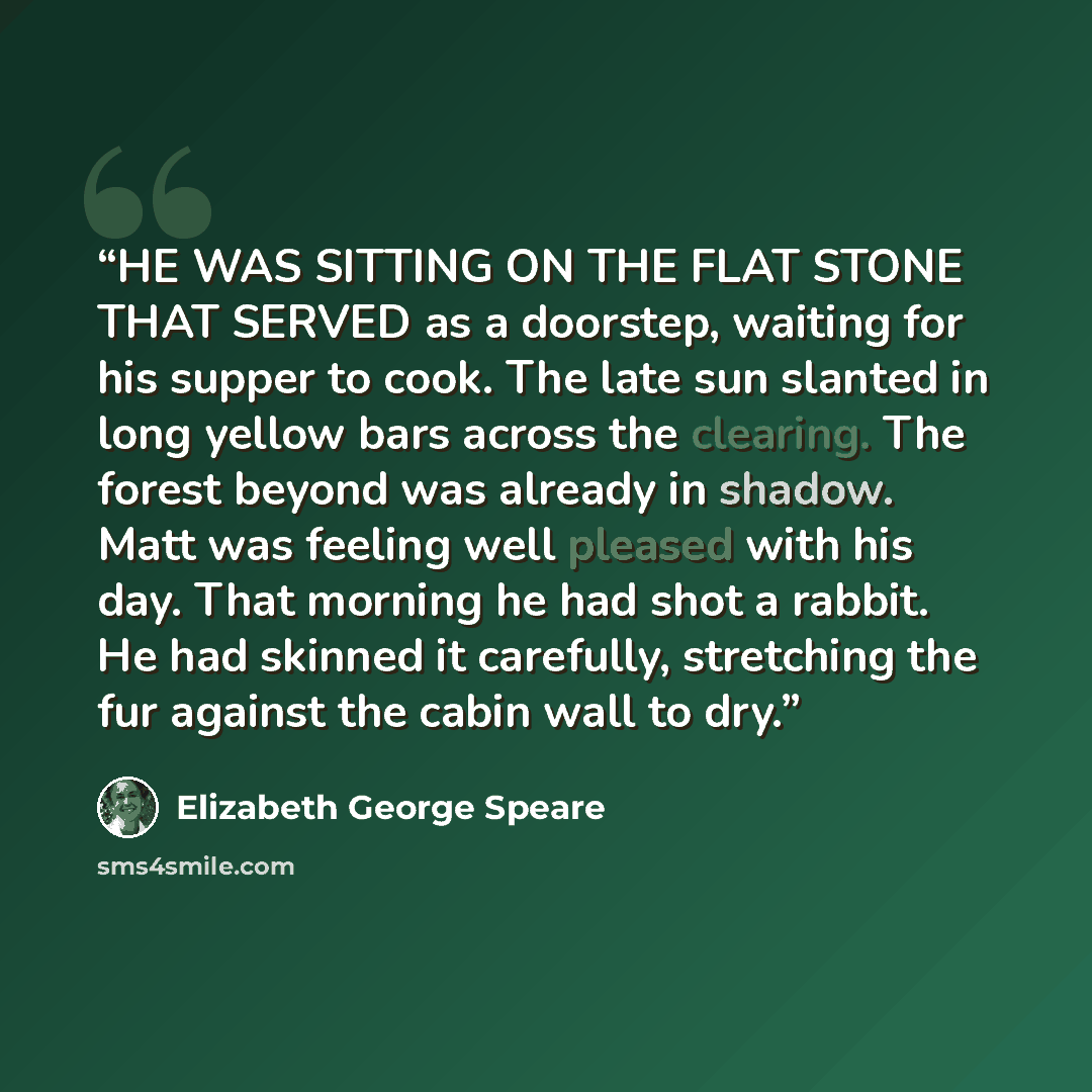 “HE WAS SITTING ON THE FLAT STONE THAT SERVED as a doorstep, waiting for his supper to cook. The late sun slanted in long yellow bars across the clearing. The forest beyond was already in shadow. Matt was feeling well pleased with his day. That morning he had shot a rabbit. He had skinned it…” quote by Elizabeth George Speare