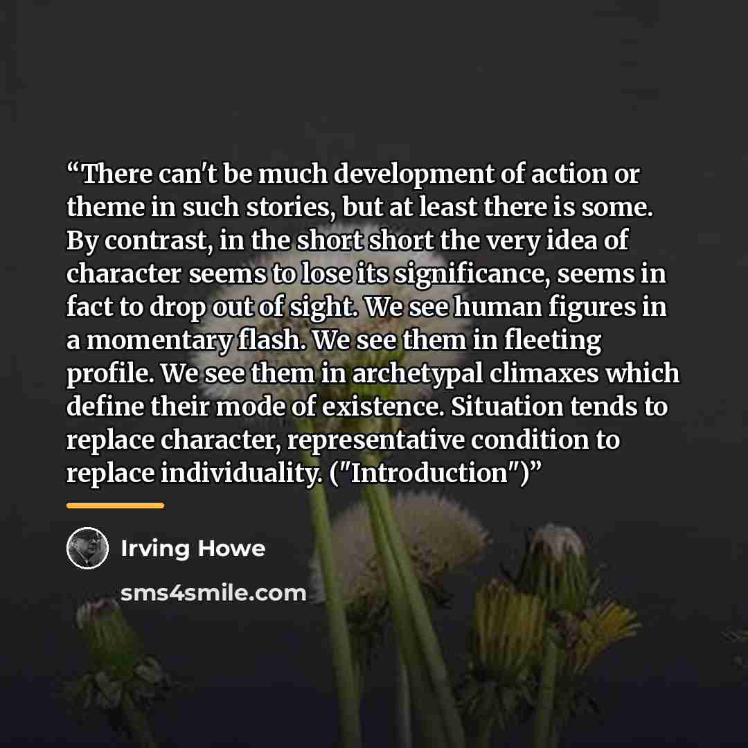 “There can't be much development of action or theme in such stories, but at least there is some. By contrast, in the short short the very idea of character seems to lose its significance, seems in fact to drop out of sight. We see human figures in a momentary flash. We see them in fleeting profile…” quote by Irving Howe