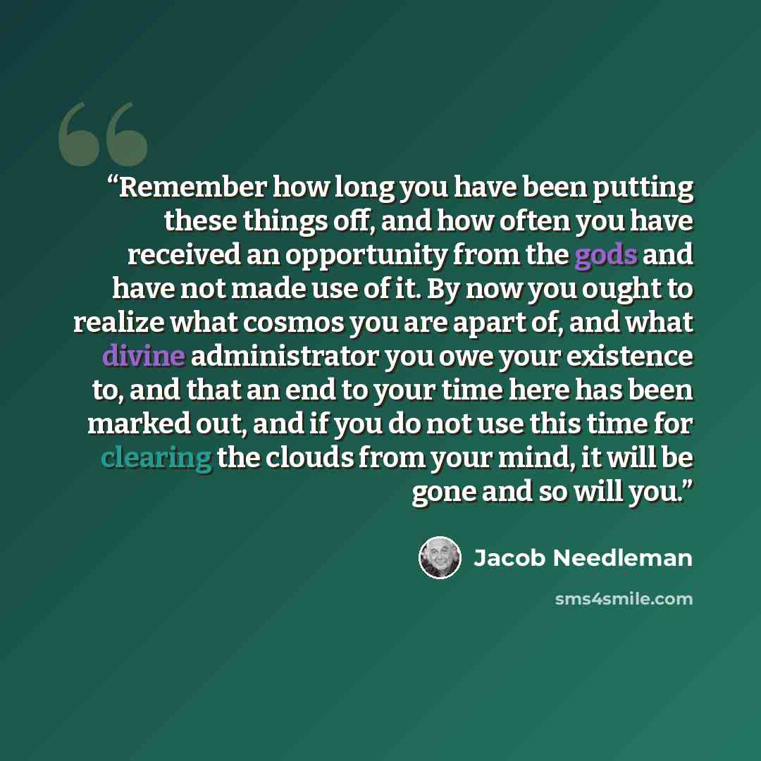 “Remember how long you have been putting these things off, and how often you have received an opportunity from the gods and have not made use of it. By now you ought to realize what cosmos you are apart of, and what divine administrator you owe your existence to, and that an end to your time here…” quote by Jacob Needleman