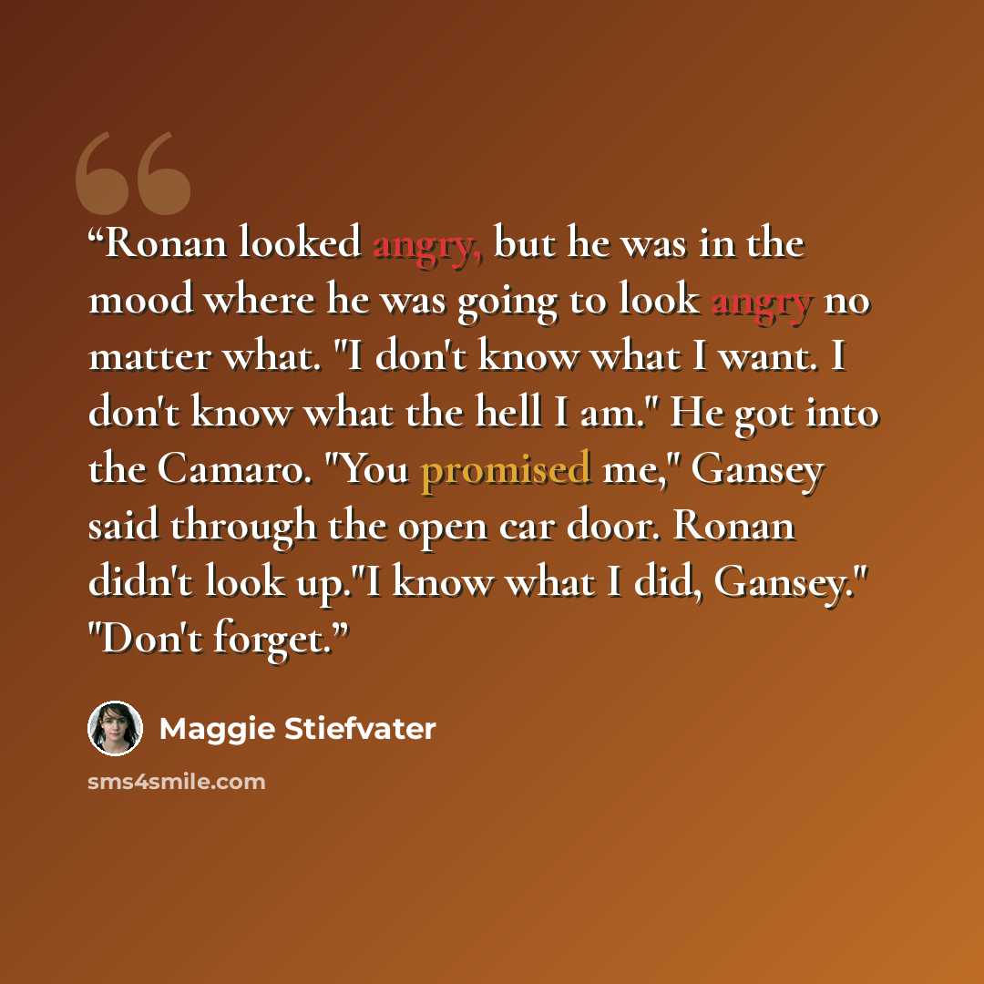 “Ronan looked angry, but he was in the mood where he was going to look angry no matter what. "I don't know what I want. I don't know what the hell I am." He got into the Camaro. "You promised me," Gansey said through the open car door. Ronan didn't look up."I know what I did, Gansey." "Don't forget.” quote by Maggie Stiefvater