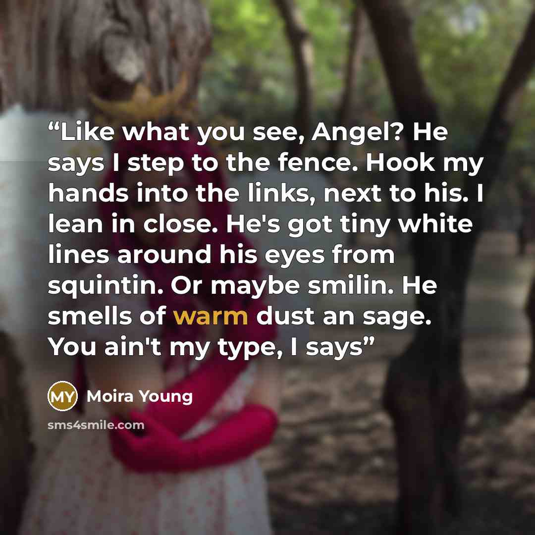 “Like what you see, Angel? He says I step to the fence. Hook my hands into the links, next to his. I lean in close. He's got tiny white lines around his eyes from squintin. Or maybe smilin. He smells of warm dust an sage. You ain't my type, I says” quote by Moira Young