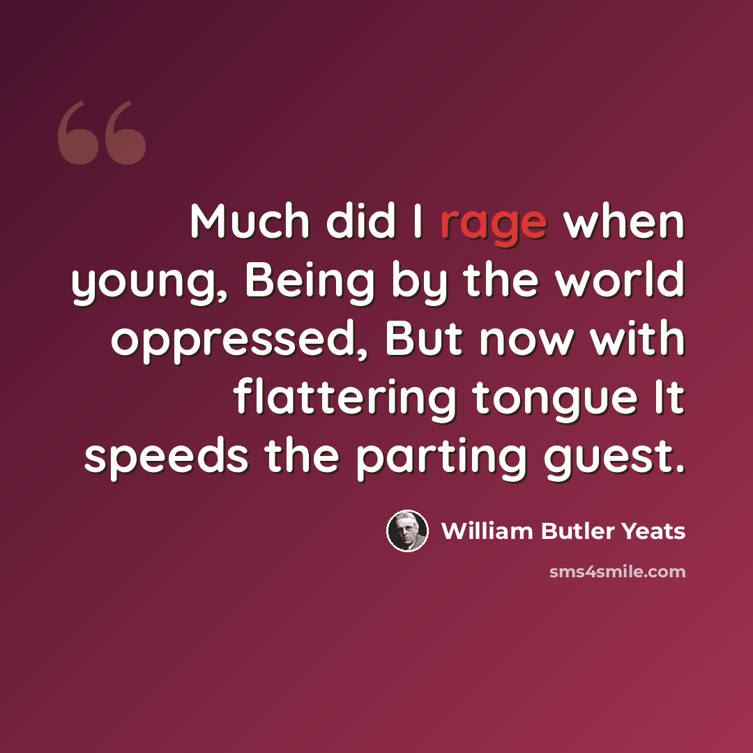 “Much did I rage when young, Being by the world oppressed, But now with flattering tongue It speeds the parting guest.” quote by William Butler Yeats