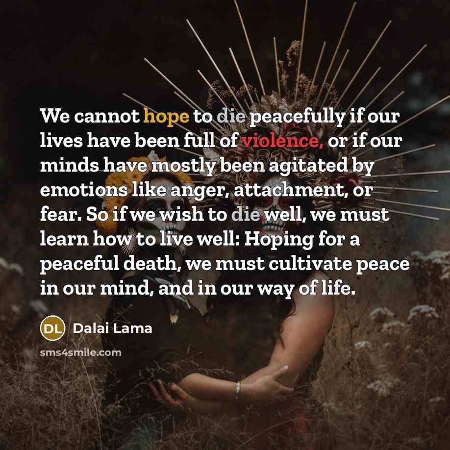 “We cannot hope to die peacefully if our lives have been full of violence, or if our minds have mostly been agitated by emotions like anger, attachment, or fear. So if we wish to die well, we must learn how to live well: Hoping for a peaceful death, we must cultivate peace in our mind, and in our…” quote by Dalai Lama