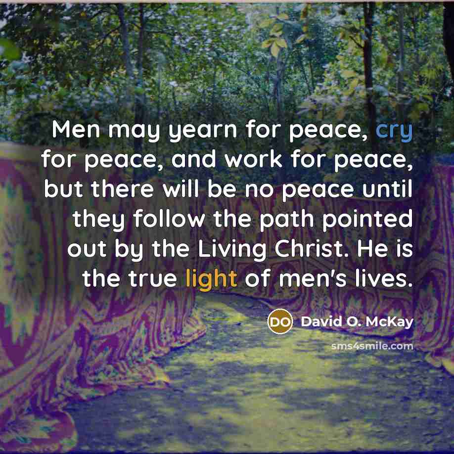 “Men may yearn for peace, cry for peace, and work for peace, but there will be no peace until they follow the path pointed out by the Living Christ. He is the true light of men's lives.” quote by David O. McKay