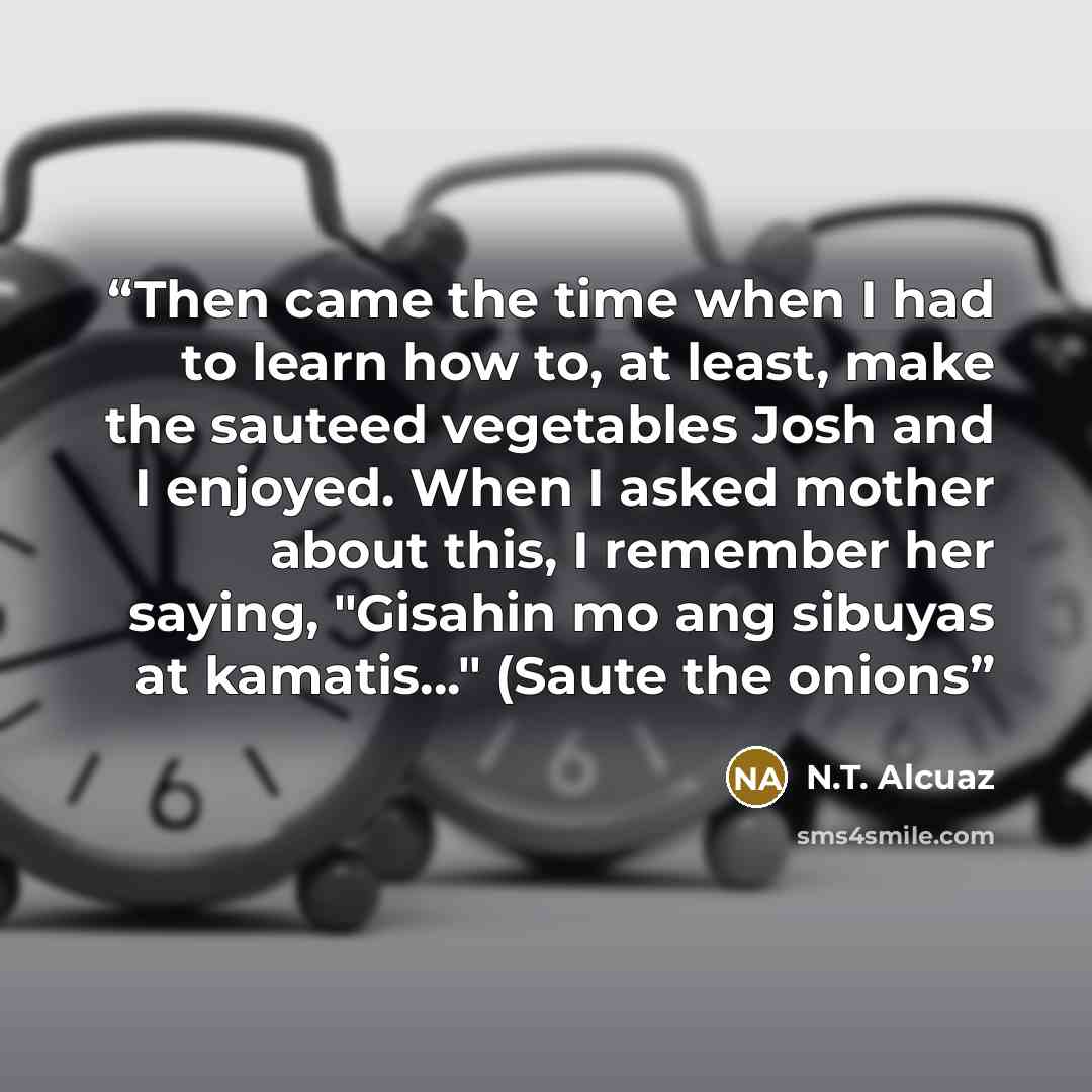 “Then came the time when I had to learn how to, at least, make the sauteed vegetables Josh and I enjoyed. When I asked mother about this, I remember her saying, "Gisahin mo ang sibuyas at kamatis..." (Saute the onions” quote by N.T. Alcuaz