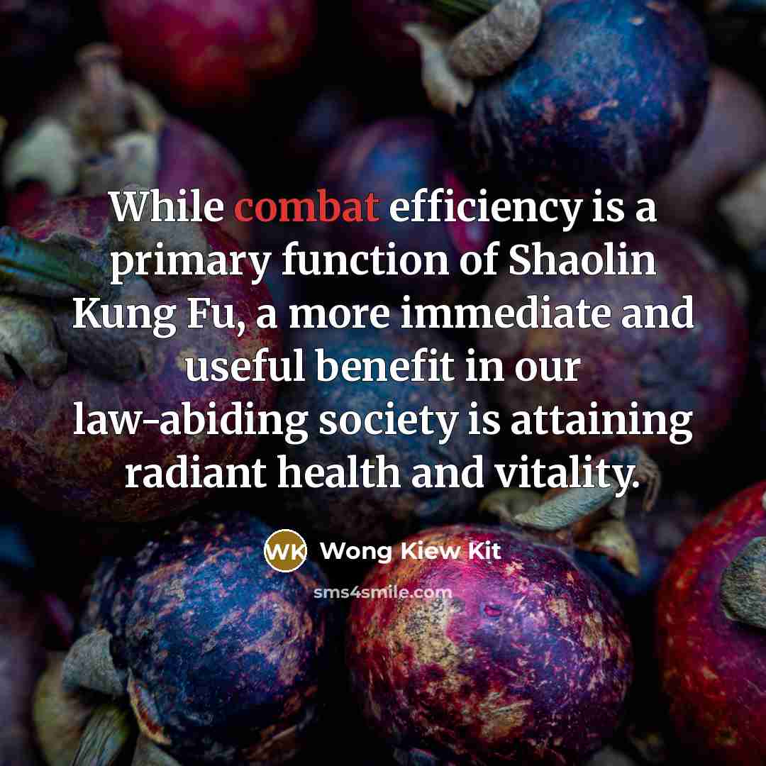 “While combat efficiency is a primary function of Shaolin Kung Fu, a more immediate and useful benefit in our law-abiding society is attaining radiant health and vitality.” quote by Wong Kiew Kit