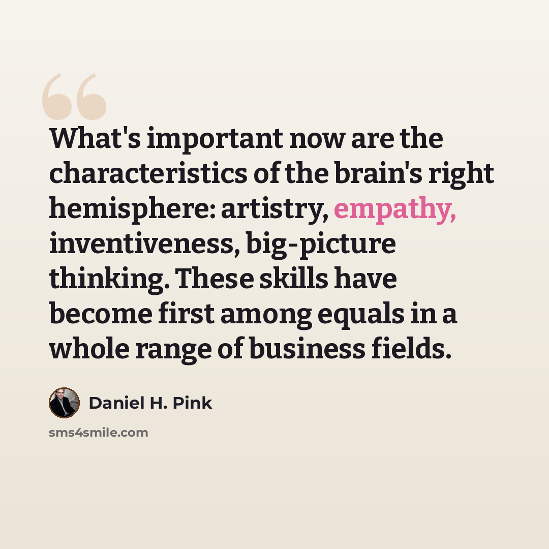 “What's important now are the characteristics of the brain's right hemisphere: artistry, empathy, inventiveness, big-picture thinking. These skills have become first among equals in a whole range of business fields.” quote by Daniel H. Pink