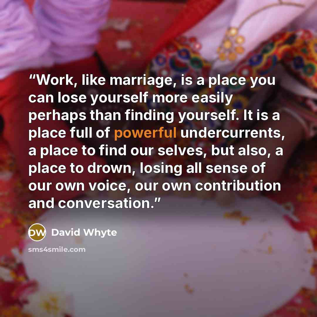 “Work, like marriage, is a place you can lose yourself more easily perhaps than finding yourself. It is a place full of powerful undercurrents, a place to find our selves, but also, a place to drown, losing all sense of our own voice, our own contribution and conversation.” quote by David Whyte