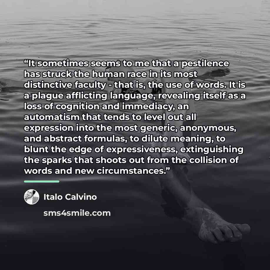 “It sometimes seems to me that a pestilence has struck the human race in its most distinctive faculty - that is, the use of words. It is a plague afflicting language, revealing itself as a loss of cognition and immediacy, an automatism that tends to level out all expression into the most generic…” quote by Italo Calvino
