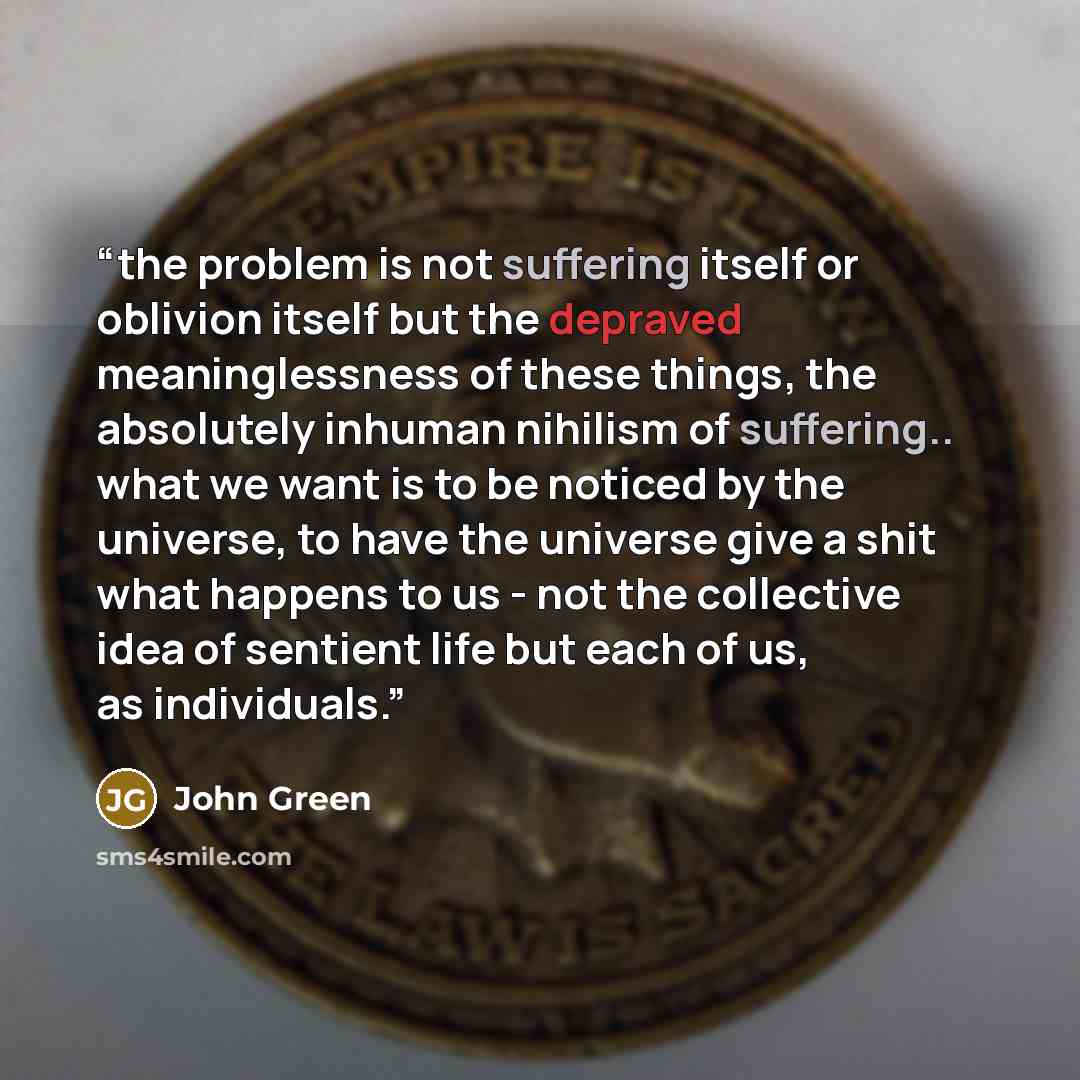 “the problem is not suffering itself or oblivion itself but the depraved meaninglessness of these things, the absolutely inhuman nihilism of suffering.. what we want is to be noticed by the universe, to have the universe give a shit what happens to us - not the collective idea of sentient life but…” quote by John Green