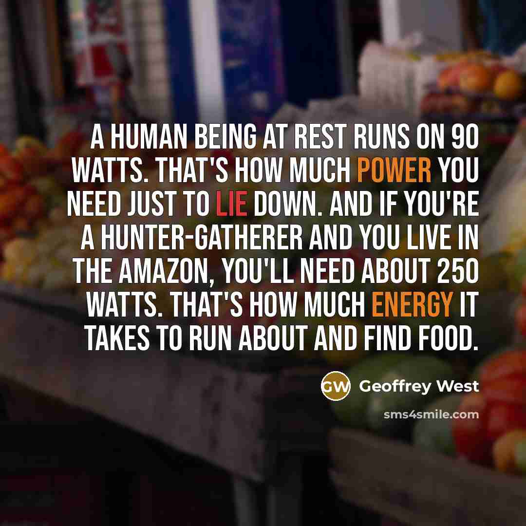 “A human being at rest runs on 90 watts. That's how much power you need just to lie down. And if you're a hunter-gatherer and you live in the Amazon, you'll need about 250 watts. That's how much energy it takes to run about and find food.” quote by Geoffrey West