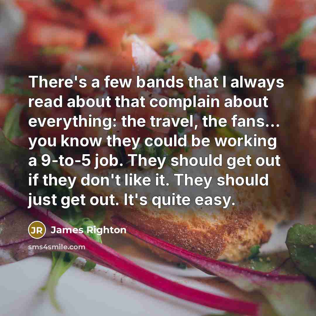 “There's a few bands that I always read about that complain about everything: the travel, the fans... you know they could be working a 9-to-5 job. They should get out if they don't like it. They should just get out. It's quite easy.” quote by James Righton