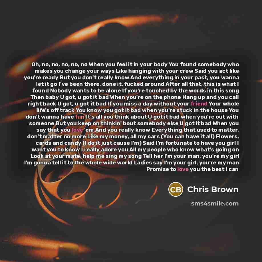 “Oh, no, no, no, no, no When you feel it in your body You found somebody who makes you change your ways Like hanging with your crew Said you act like you're ready But you don't really know And everything in your past, you wanna let it go I've been there, done it, fucked around After all that, this…” quote by Chris Brown