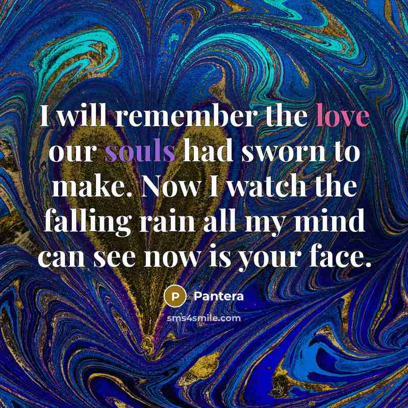 “I will remember the love our souls had sworn to make. Now I watch the falling rain all my mind can see now is your face.” quote by Pantera