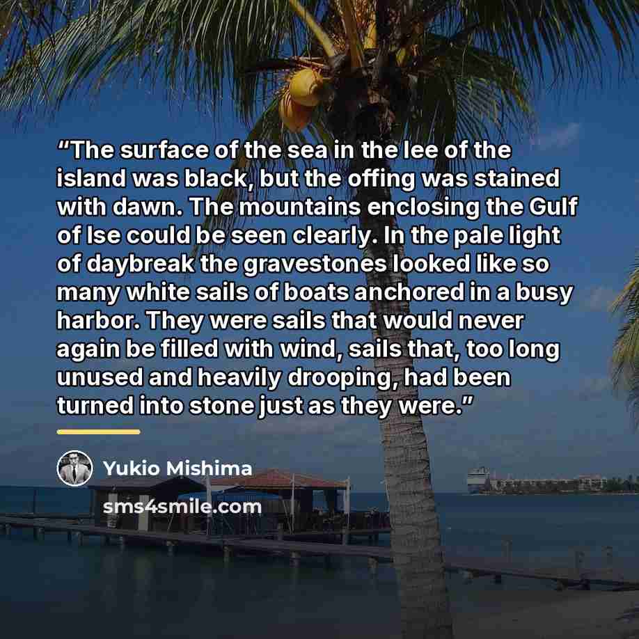 “The surface of the sea in the lee of the island was black, but the offing was stained with dawn. The mountains enclosing the Gulf of Ise could be seen clearly. In the pale light of daybreak the gravestones looked like so many white sails of boats anchored in a busy harbor. They were sails that…” quote by Yukio Mishima
