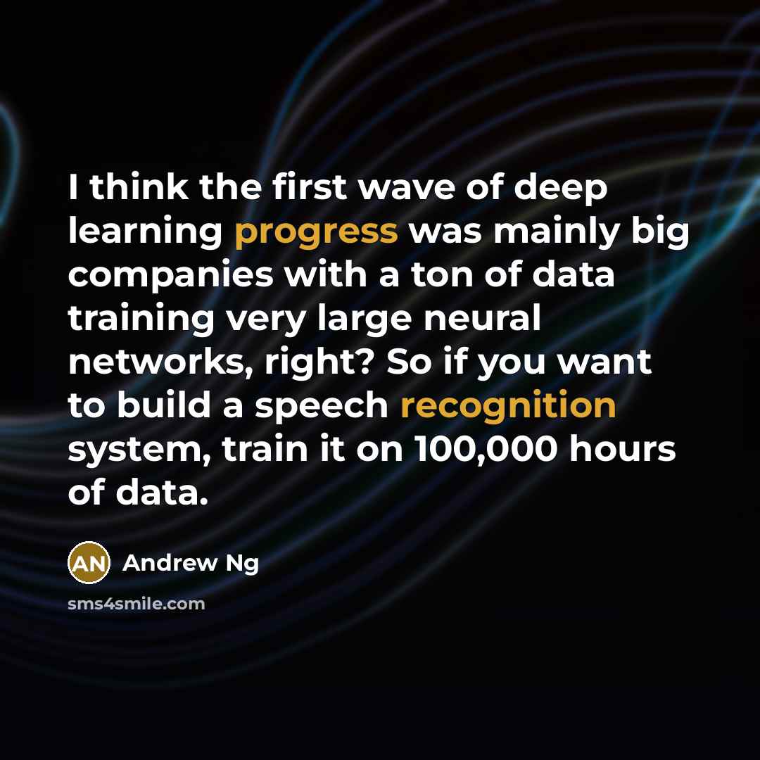 “I think the first wave of deep learning progress was mainly big companies with a ton of data training very large neural networks, right? So if you want to build a speech recognition system, train it on 100,000 hours of data.” quote by Andrew Ng