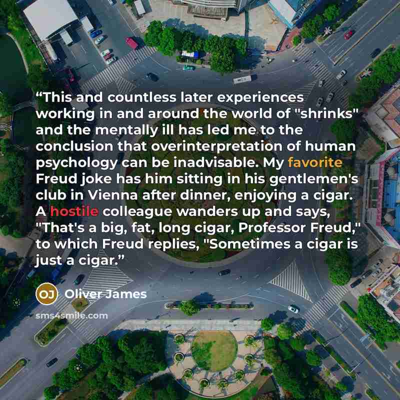 “This and countless later experiences working in and around the world of "shrinks" and the mentally ill has led me to the conclusion that overinterpretation of human psychology can be inadvisable. My favorite Freud joke has him sitting in his gentlemen's club in Vienna after dinner, enjoying a…” quote by Oliver James