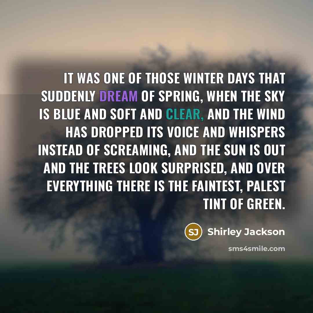 “It was one of those winter days that suddenly dream of spring, when the sky is blue and soft and clear, and the wind has dropped its voice and whispers instead of screaming, and the sun is out and the trees look surprised, and over everything there is the faintest, palest tint of green.” quote by Shirley Jackson
