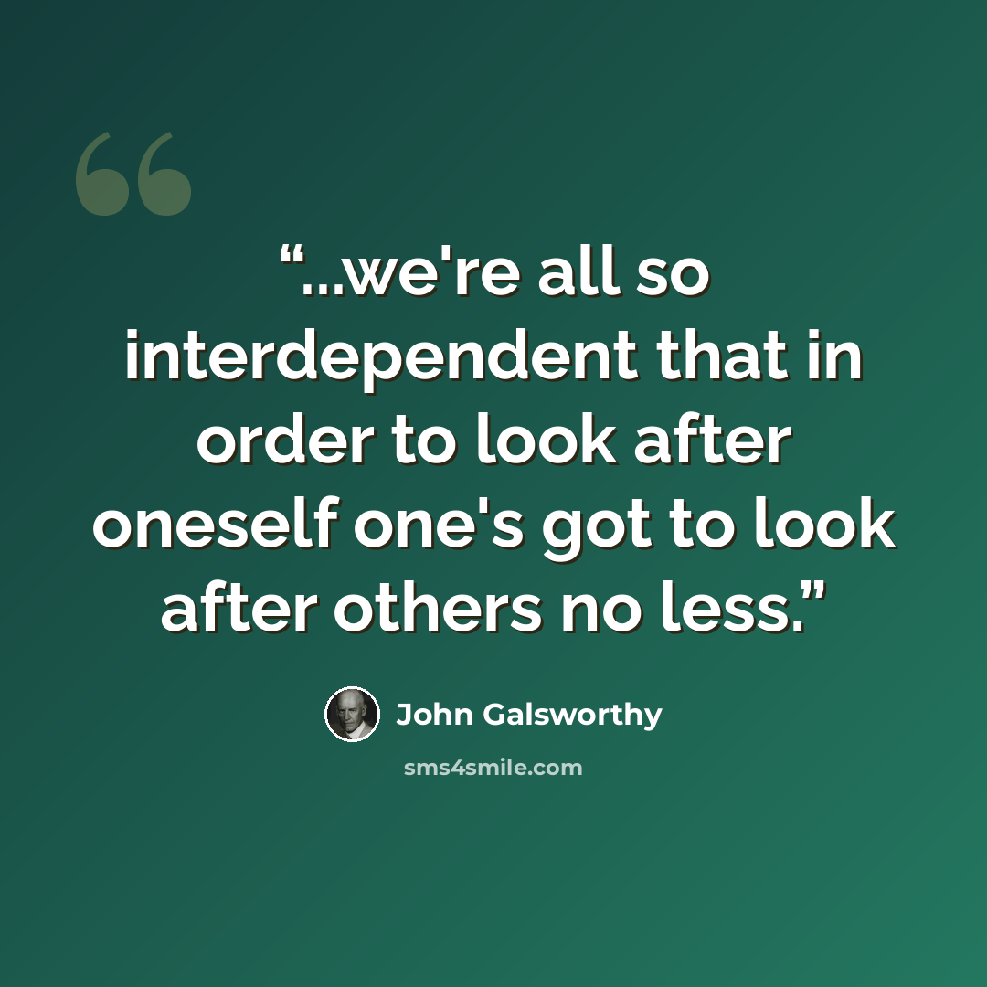 “...we're all so interdependent that in order to look after oneself one's got to look after others no less.” quote by John Galsworthy