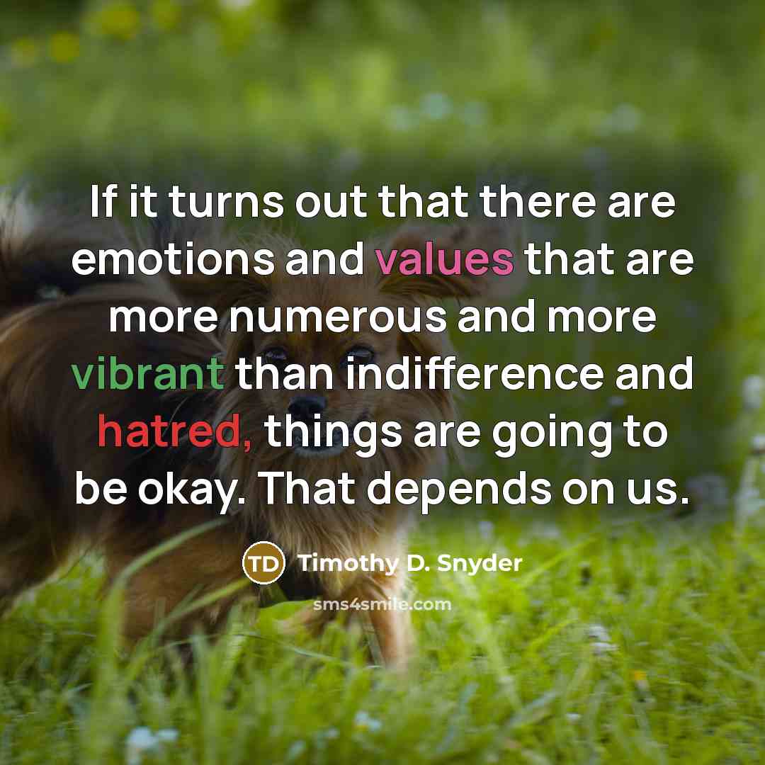 “If it turns out that there are emotions and values that are more numerous and more vibrant than indifference and hatred, things are going to be okay. That depends on us.” quote by Timothy D. Snyder