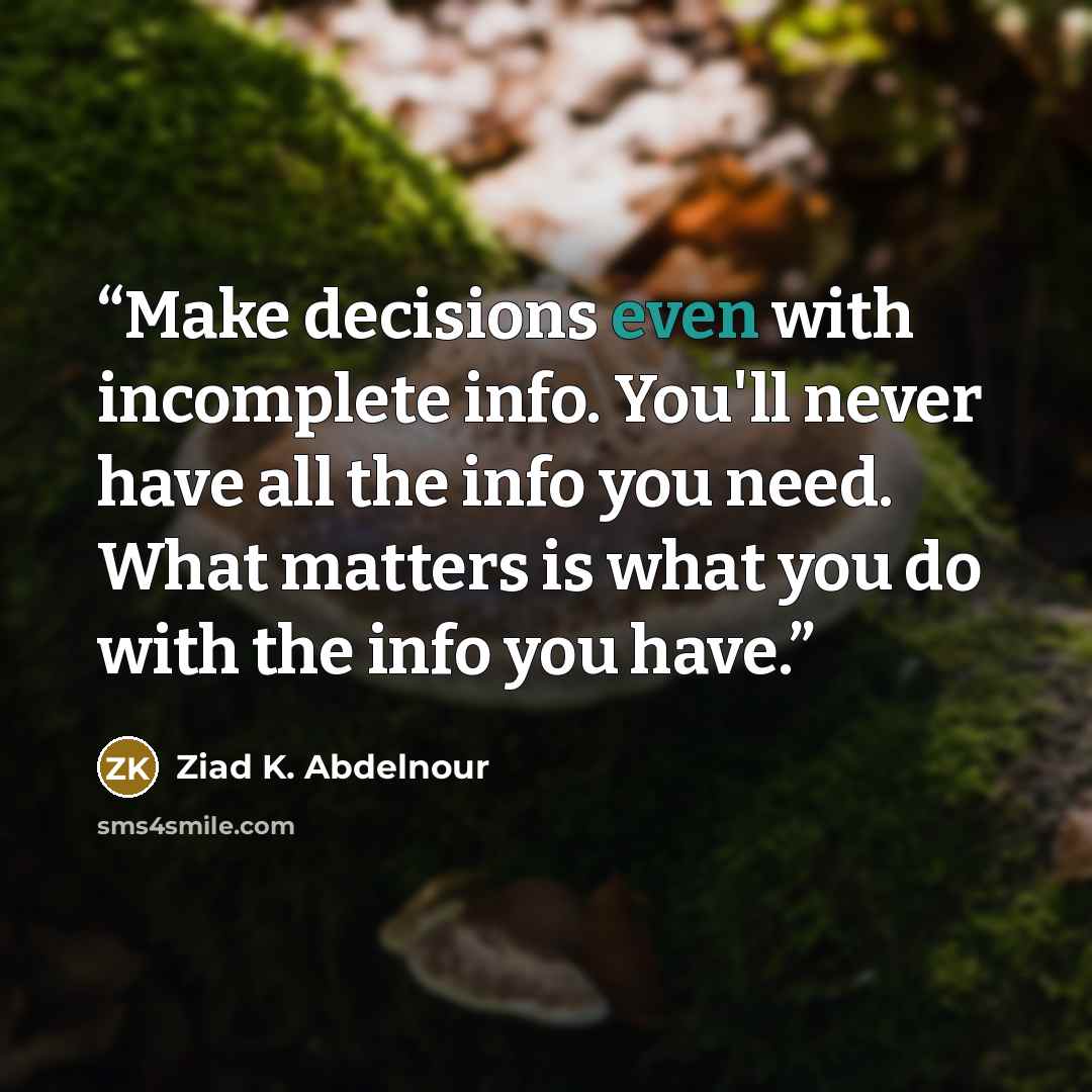 “Make decisions even with incomplete info. You'll never have all the info you need. What matters is what you do with the info you have.” quote by Ziad K. Abdelnour