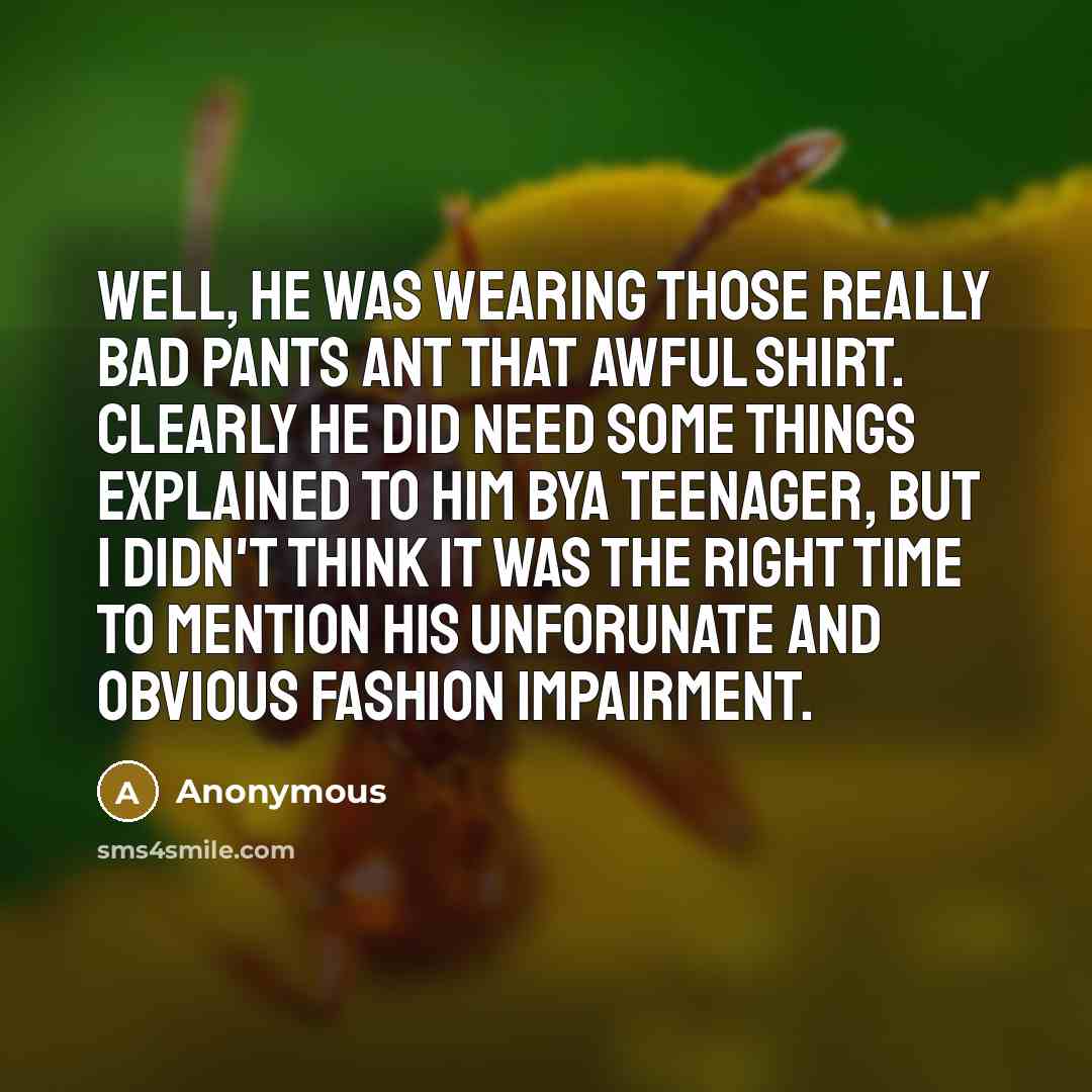 “Well, he was wearing those really bad pants ant that awful shirt. Clearly he did need some things explained to him bya teenager, but i didn't think it was the right time to mention his unforunate and obvious fashion impairment.” quote by Anonymous
