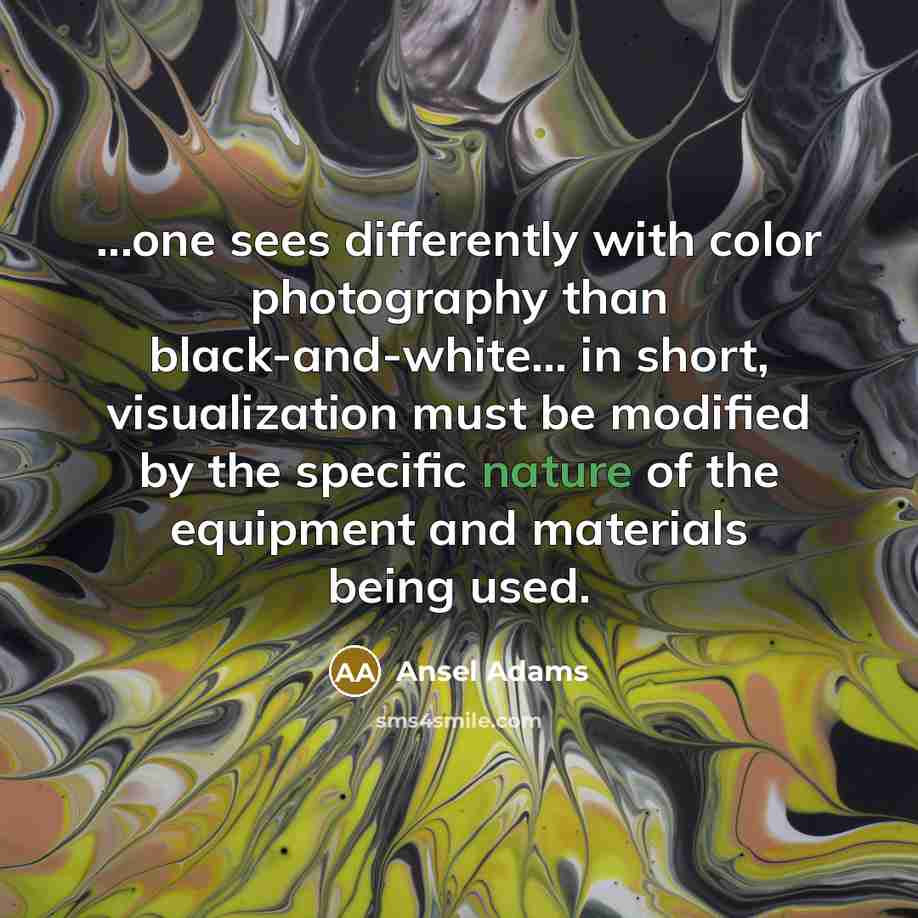 “...one sees differently with color photography than black-and-white... in short, visualization must be modified by the specific nature of the equipment and materials being used.” quote by Ansel Adams