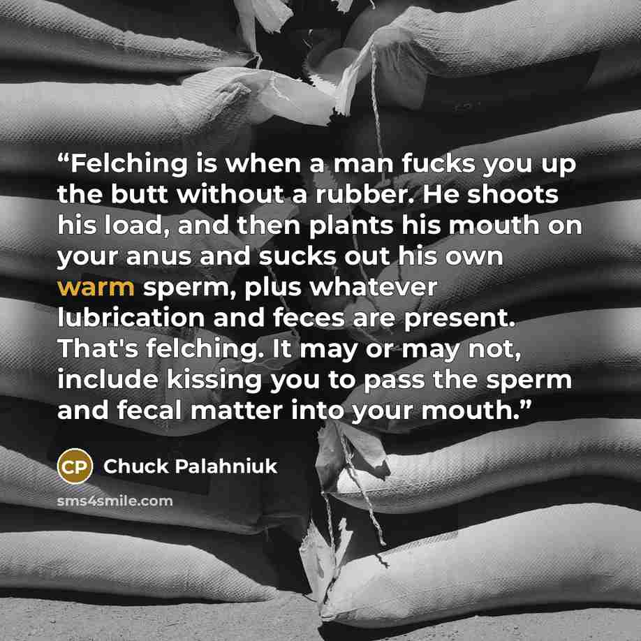 “Felching is when a man fucks you up the butt without a rubber. He shoots his load, and then plants his mouth on your anus and sucks out his own warm sperm, plus whatever lubrication and feces are present. That's felching. It may or may not, include kissing you to pass the sperm and fecal matter…” quote by Chuck Palahniuk