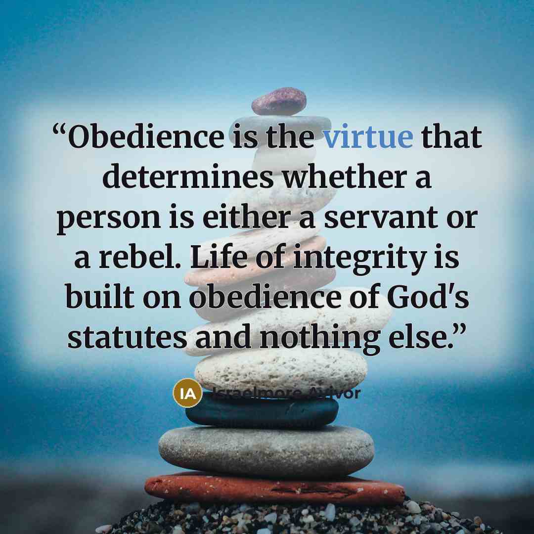 “Obedience is the virtue that determines whether a person is either a servant or a rebel. Life of integrity is built on obedience of God's statutes and nothing else.” quote by Israelmore Ayivor