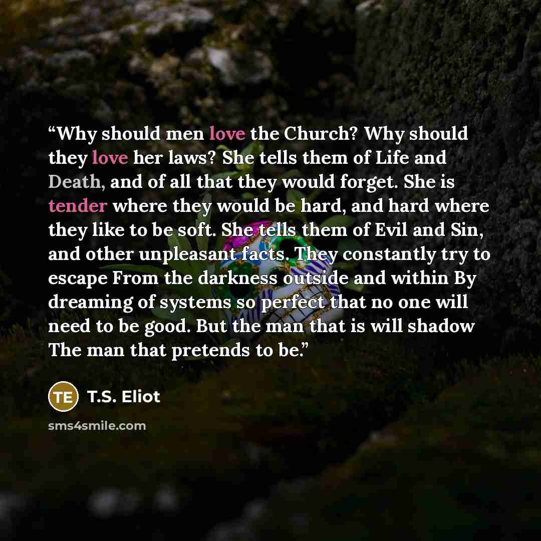 “Why should men love the Church? Why should they love her laws? She tells them of Life and Death, and of all that they would forget. She is tender where they would be hard, and hard where they like to be soft. She tells them of Evil and Sin, and other unpleasant facts. They constantly try to escape…” quote by T.S. Eliot