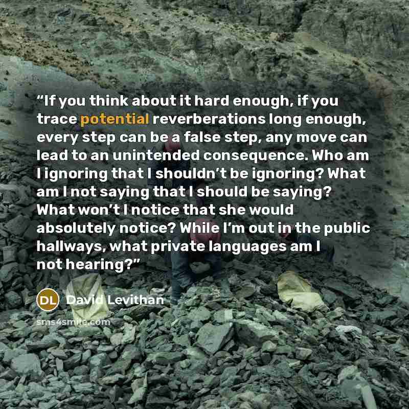 “If you think about it hard enough, if you trace potential reverberations long enough, every step can be a false step, any move can lead to an unintended consequence. Who am I ignoring that I shouldn’t be ignoring? What am I not saying that I should be saying? What won’t I notice that she would…” quote by David Levithan
