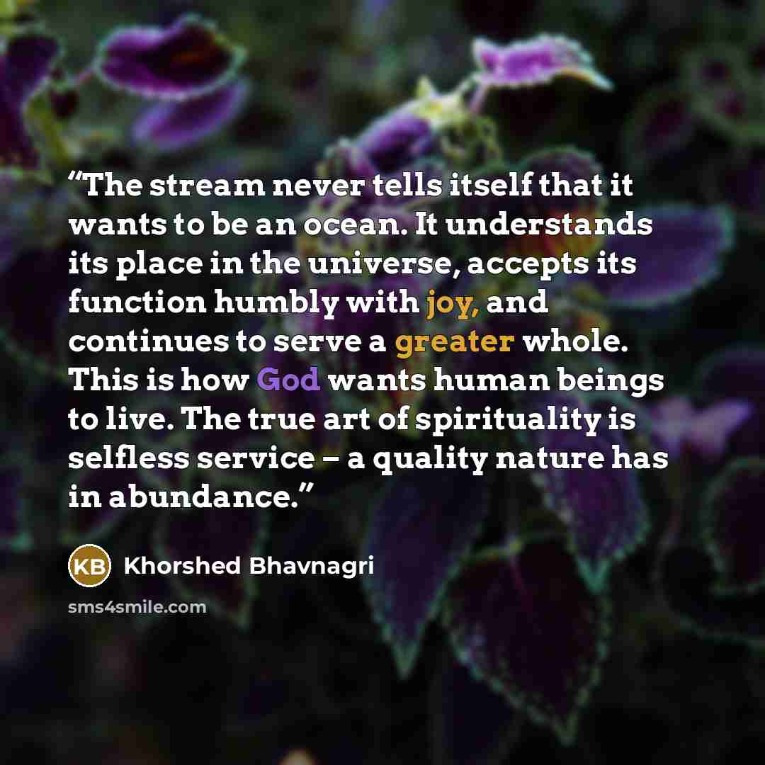 “The stream never tells itself that it wants to be an ocean. It understands its place in the universe, accepts its function humbly with joy, and continues to serve a greater whole. This is how God wants human beings to live. The true art of spirituality is selfless service – a quality nature has in…” quote by Khorshed Bhavnagri