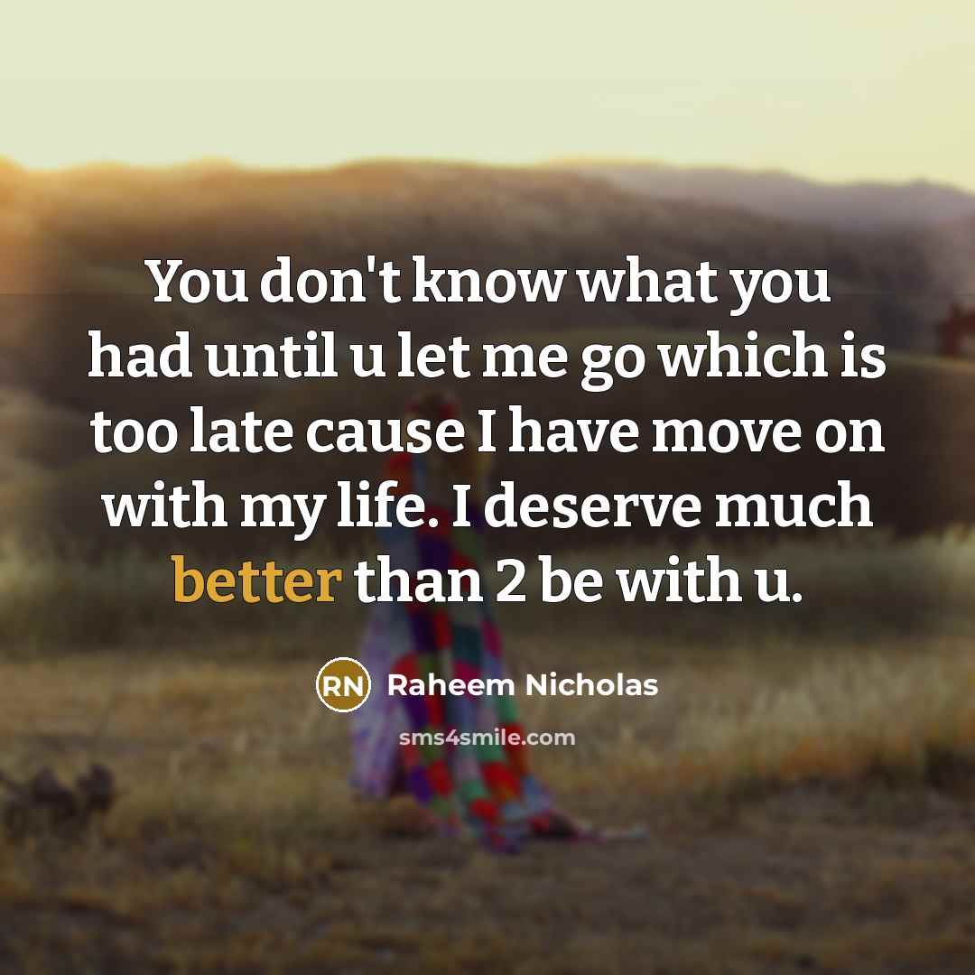 “You don't know what you had until u let me go which is too late cause I have move on with my life. I deserve much better than 2 be with u.” quote by Raheem Nicholas