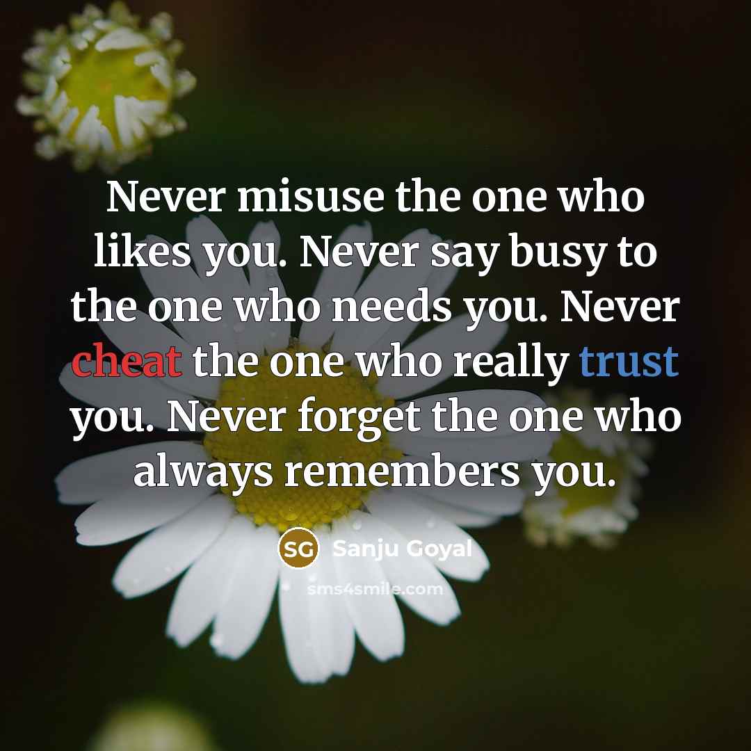 “Never misuse the one who likes you. Never say busy to the one who needs you. Never cheat the one who really trust you. Never forget the one who always remembers you.” quote by Sanju Goyal