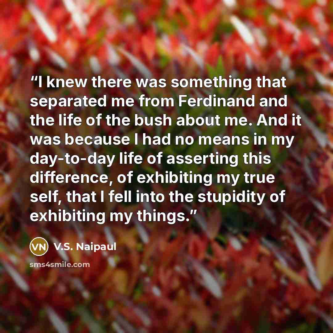 “I knew there was something that separated me from Ferdinand and the life of the bush about me. And it was because I had no means in my day-to-day life of asserting this difference, of exhibiting my true self, that I fell into the stupidity of exhibiting my things.” quote by V.S. Naipaul