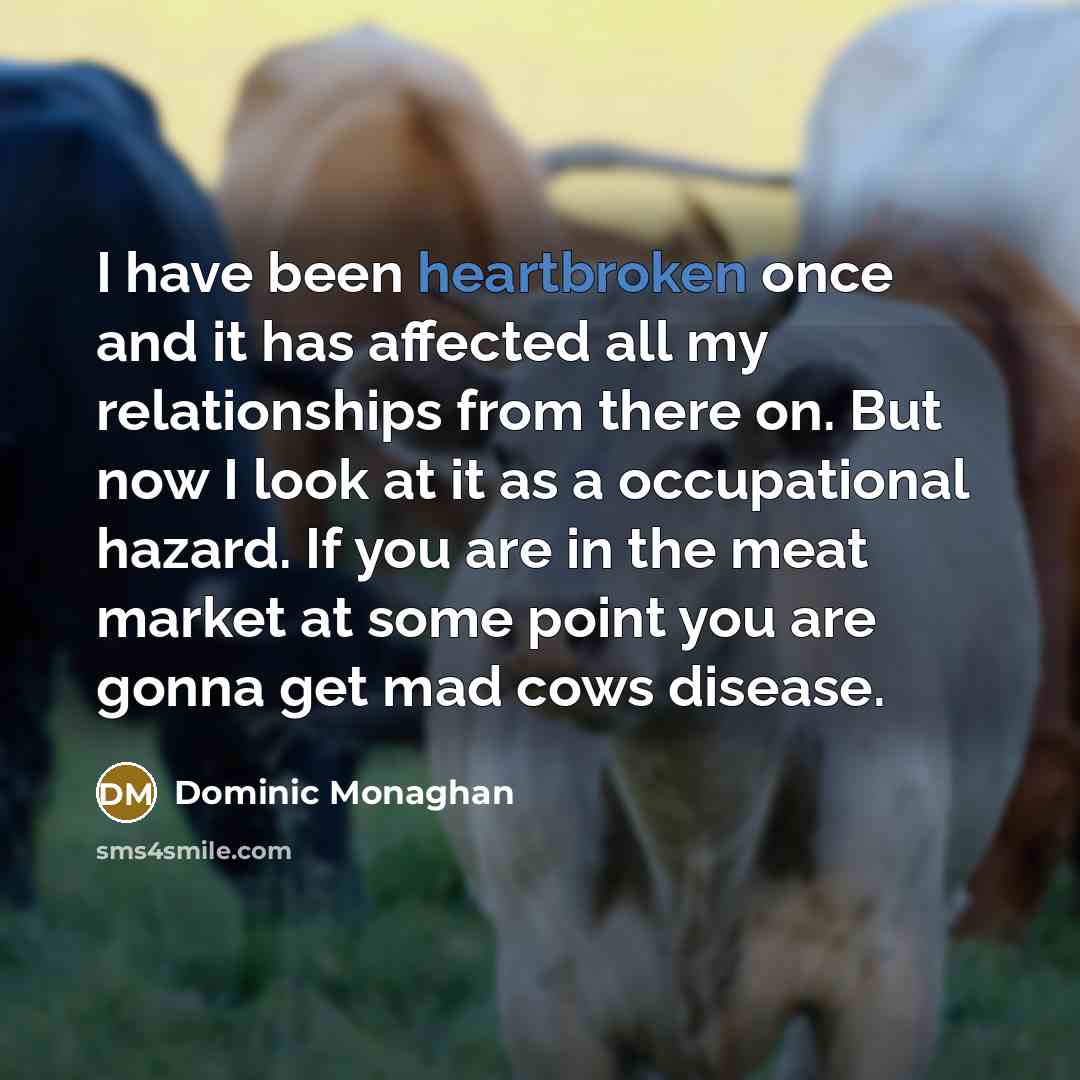 “I have been heartbroken once and it has affected all my relationships from there on. But now I look at it as a occupational hazard. If you are in the meat market at some point you are gonna get mad cows disease.” quote by Dominic Monaghan