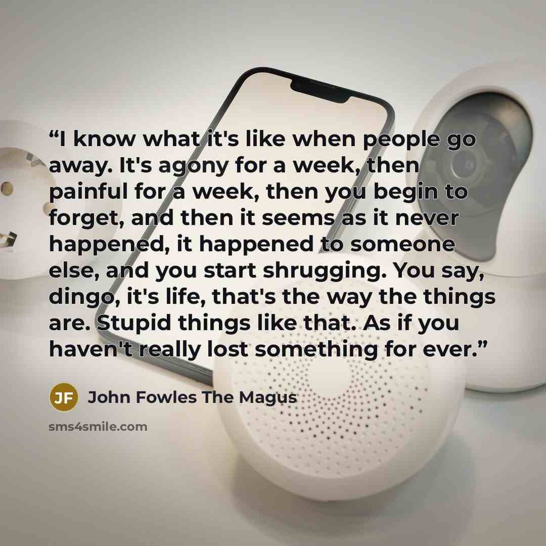 “I know what it's like when people go away. It's agony for a week, then painful for a week, then you begin to forget, and then it seems as it never happened, it happened to someone else, and you start shrugging. You say, dingo, it's life, that's the way the things are. Stupid things like that. As…” quote by John Fowles The Magus