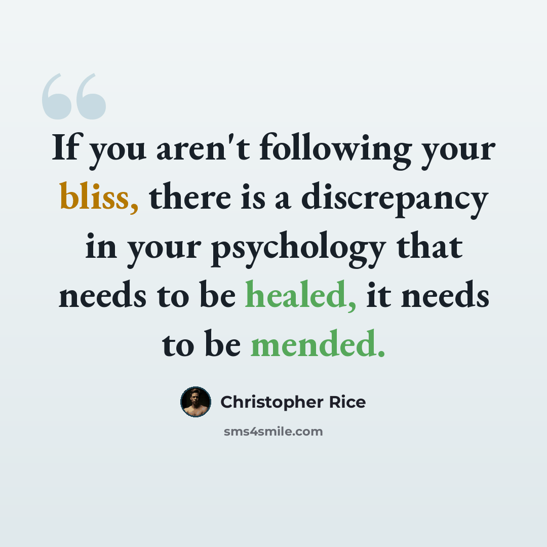 “If you aren't following your bliss, there is a discrepancy in your psychology that needs to be healed, it needs to be mended.” quote by Christopher Rice