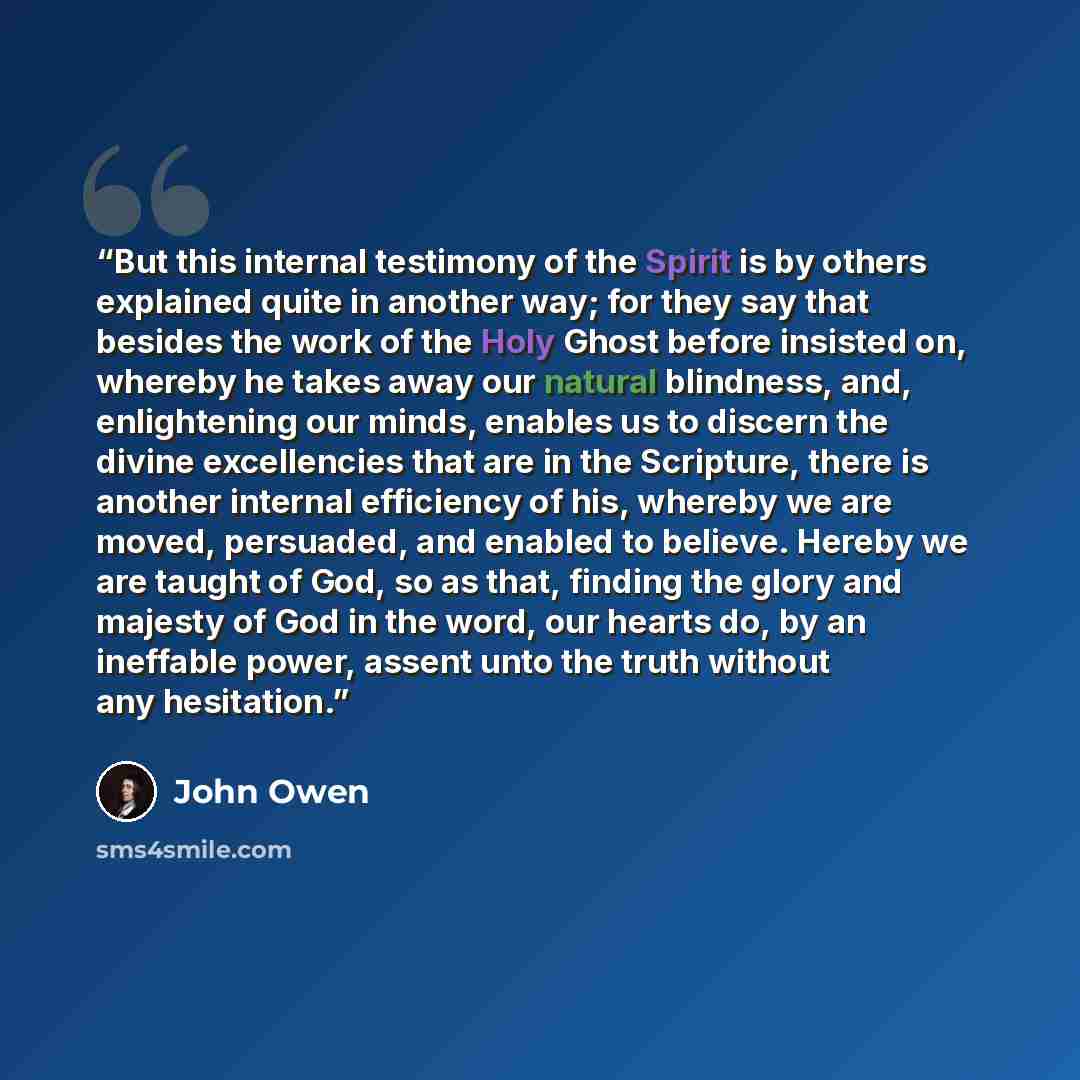 “But this internal testimony of the Spirit is by others explained quite in another way; for they say that besides the work of the Holy Ghost before insisted on, whereby he takes away our natural blindness, and, enlightening our minds, enables us to discern the divine excellencies that are in the…” quote by John Owen