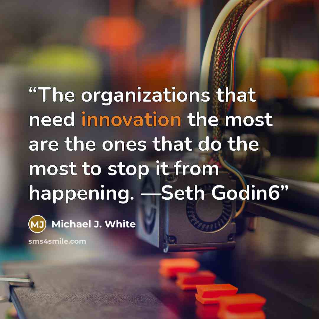“The organizations that need innovation the most are the ones that do the most to stop it from happening. —Seth Godin6” quote by Michael J. White
