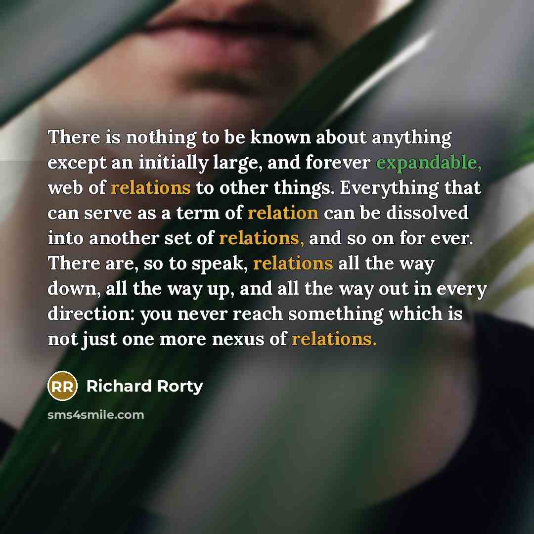 “There is nothing to be known about anything except an initially large, and forever expandable, web of relations to other things. Everything that can serve as a term of relation can be dissolved into another set of relations, and so on for ever. There are, so to speak, relations all the way down…” quote by Richard Rorty