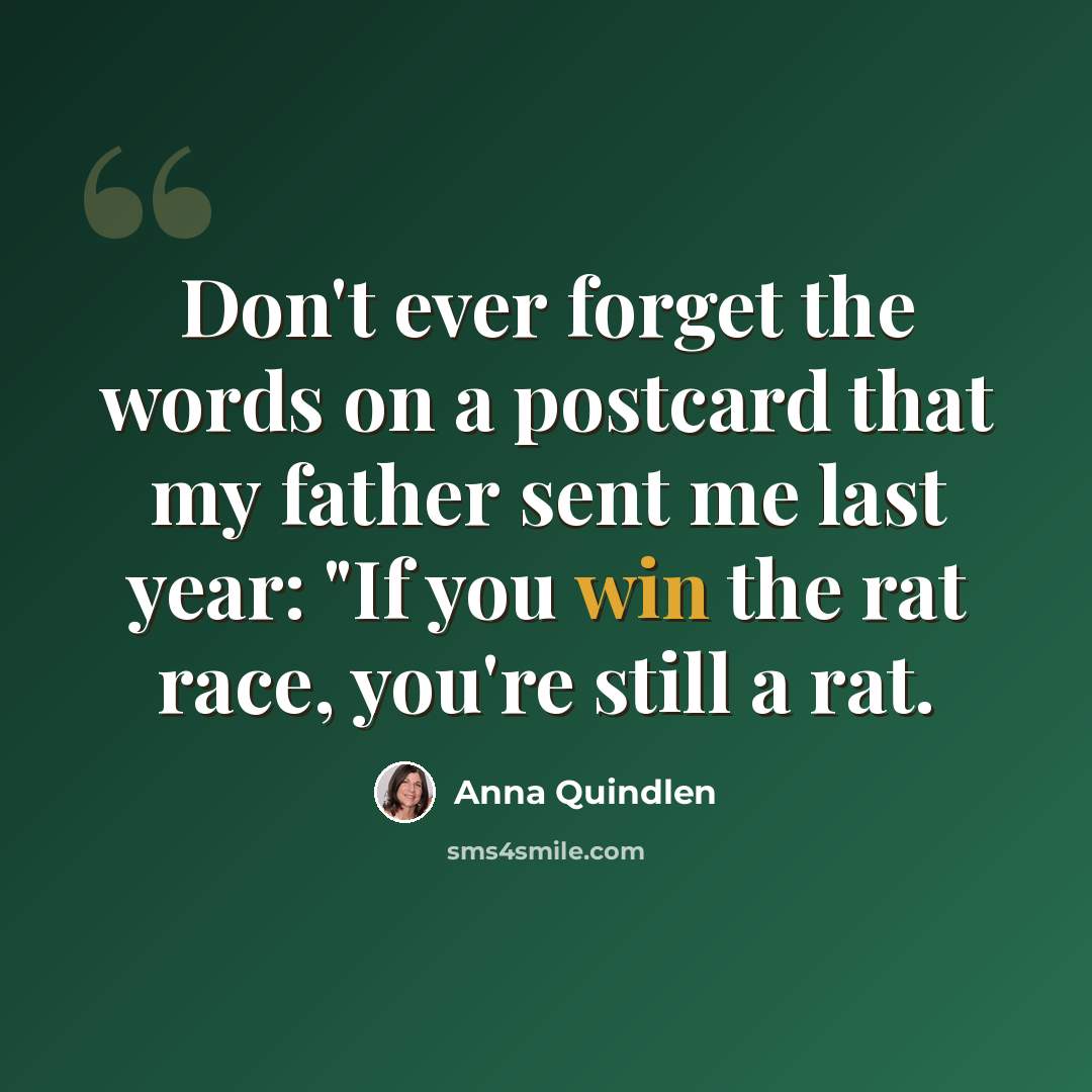 “Don't ever forget the words on a postcard that my father sent me last year: "If you win the rat race, you're still a rat.” quote by Anna Quindlen