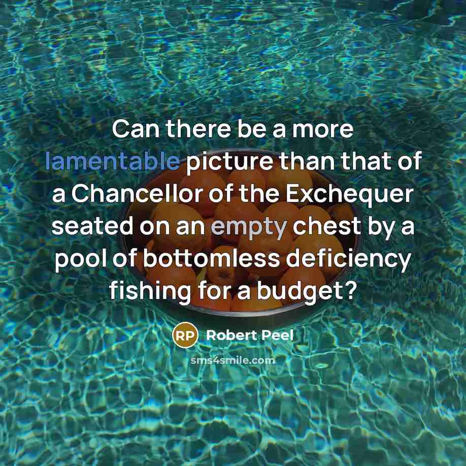 “Can there be a more lamentable picture than that of a Chancellor of the Exchequer seated on an empty chest by a pool of bottomless deficiency fishing for a budget?” quote by Robert Peel
