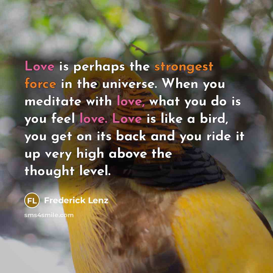 “Love is perhaps the strongest force in the universe. When you meditate with love, what you do is you feel love. Love is like a bird, you get on its back and you ride it up very high above the thought level.” quote by Frederick Lenz