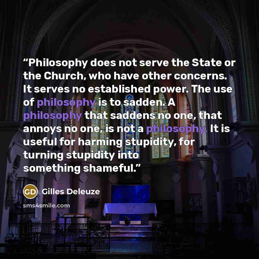 “Philosophy does not serve the State or the Church, who have other concerns. It serves no established power. The use of philosophy is to sadden. A philosophy that saddens no one, that annoys no one, is not a philosophy. It is useful for harming stupidity, for turning stupidity into something…” quote by Gilles Deleuze