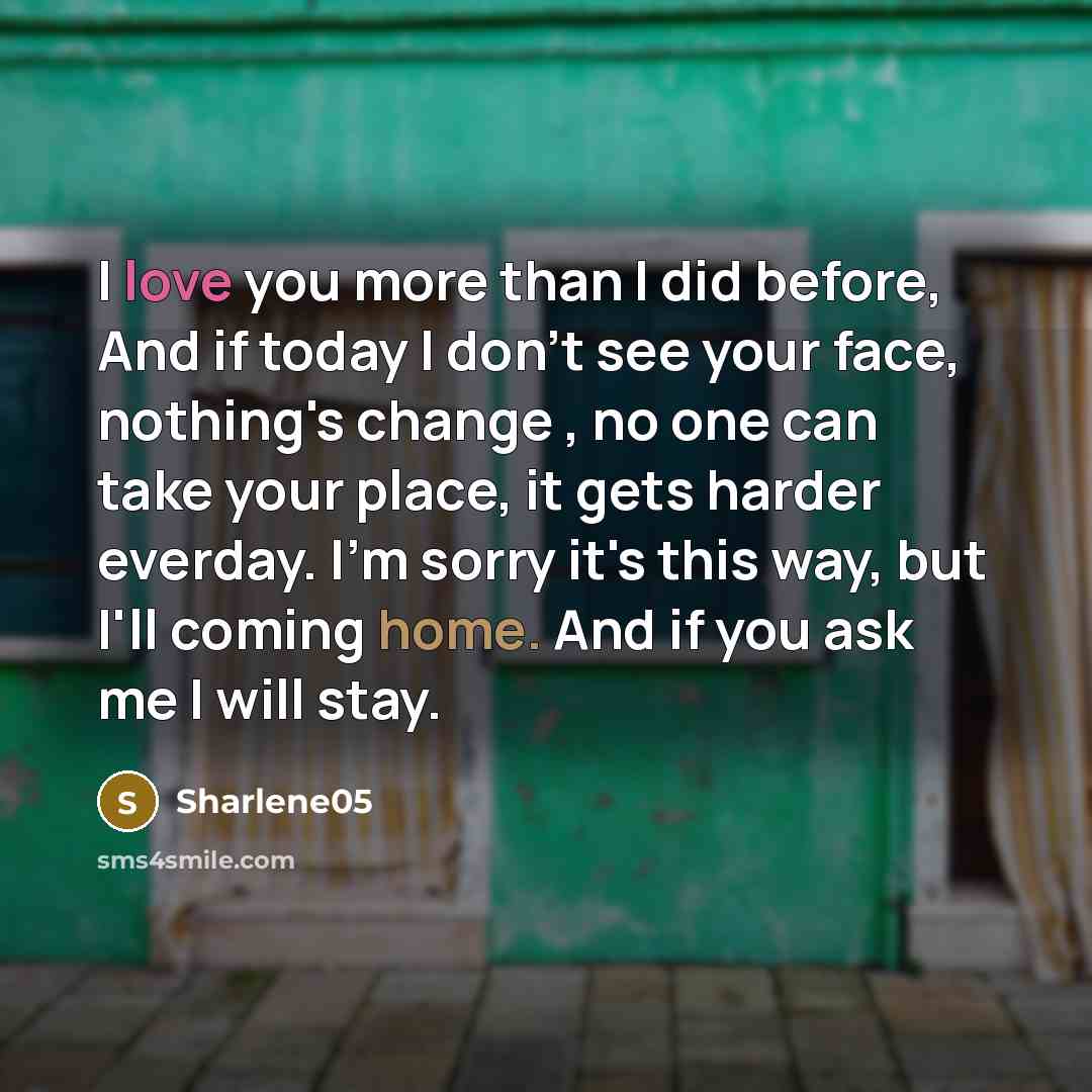 “I love you more than I did before, And if today I don't see your face, nothing's change , no one can take your place, it gets harder everday. I'm sorry it's this way, but I'll coming home. And if you ask me I will stay.” quote by Sharlene05